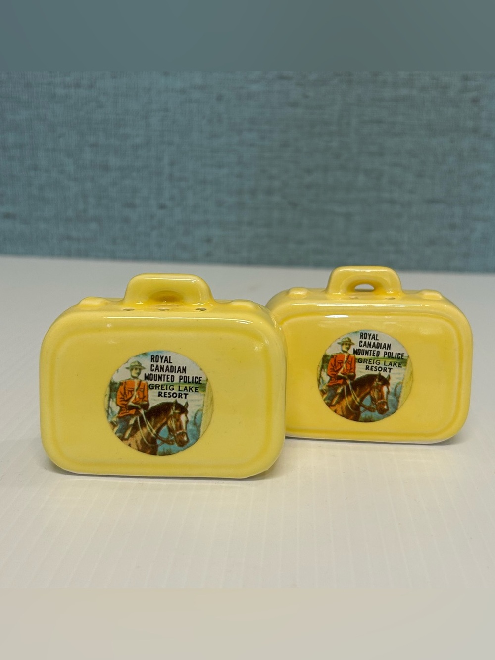 Vintage RCMP Suitcase Salt and Pepper Shakers | Greig Lake Resort Ceramic
